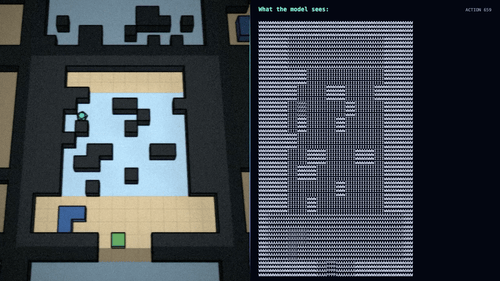 Animated GPT-5.6 ASCII-mode run collecting its third gem