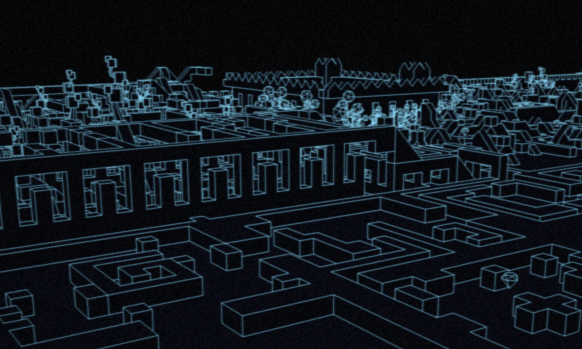 Cyan wireframe overview of the MazeBench open world