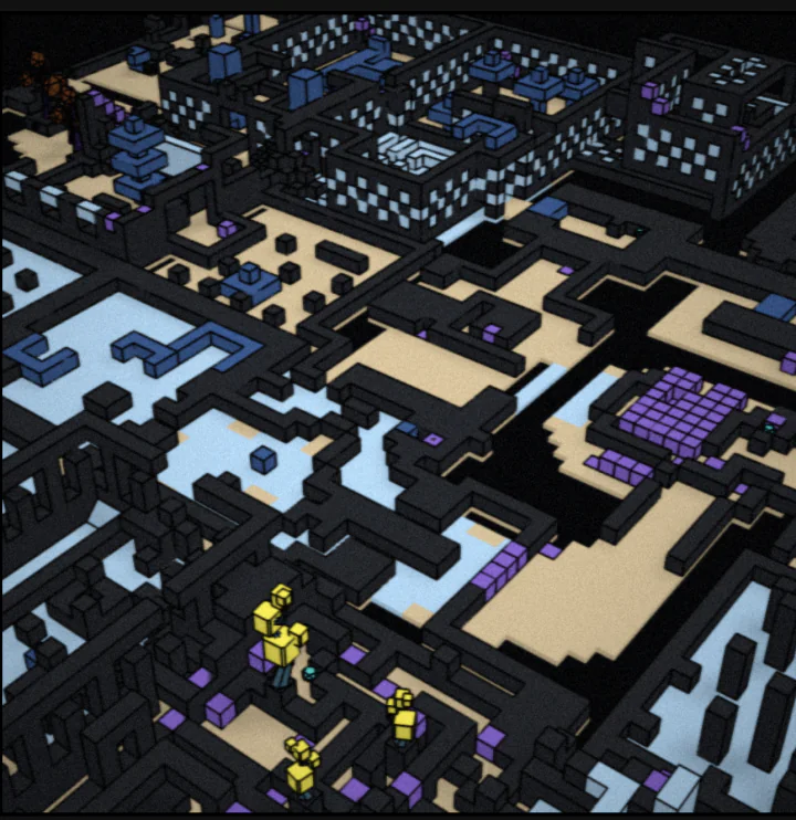 An isometric overview of MazeBench's interconnected puzzle rooms